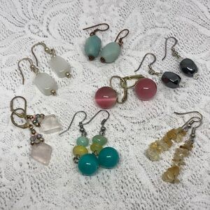 HUGE bundle lot 7 beaded glass/cat's eye gemstone/stone earrings dangle drop.